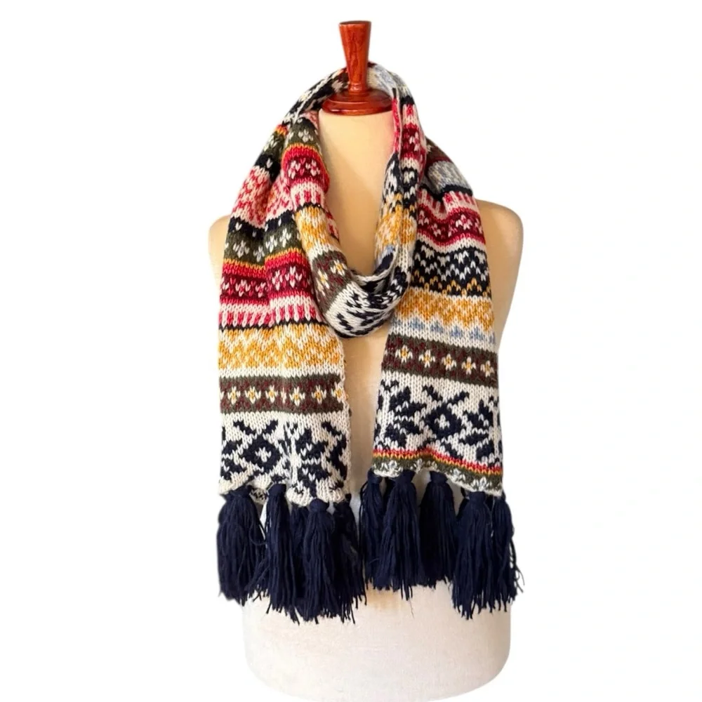 Old Navy Fair Isle Multicolor Knit Scarf 9”X 72” Navy Red Yellow Wool Nordic